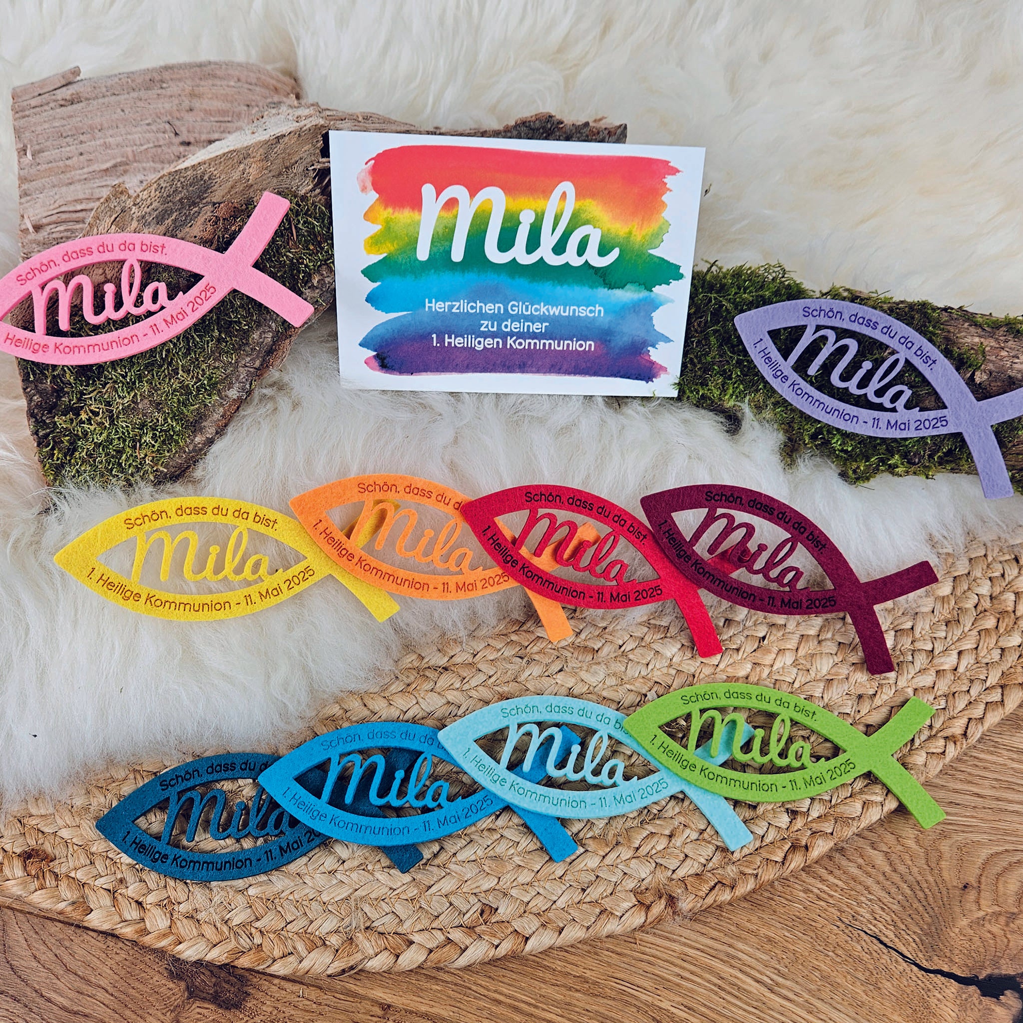 Personalisierte Tischdeko "große Fische" Regenbogenfarben (mit rosa) für Kommunion, Taufe, Konfirmation, Segnung