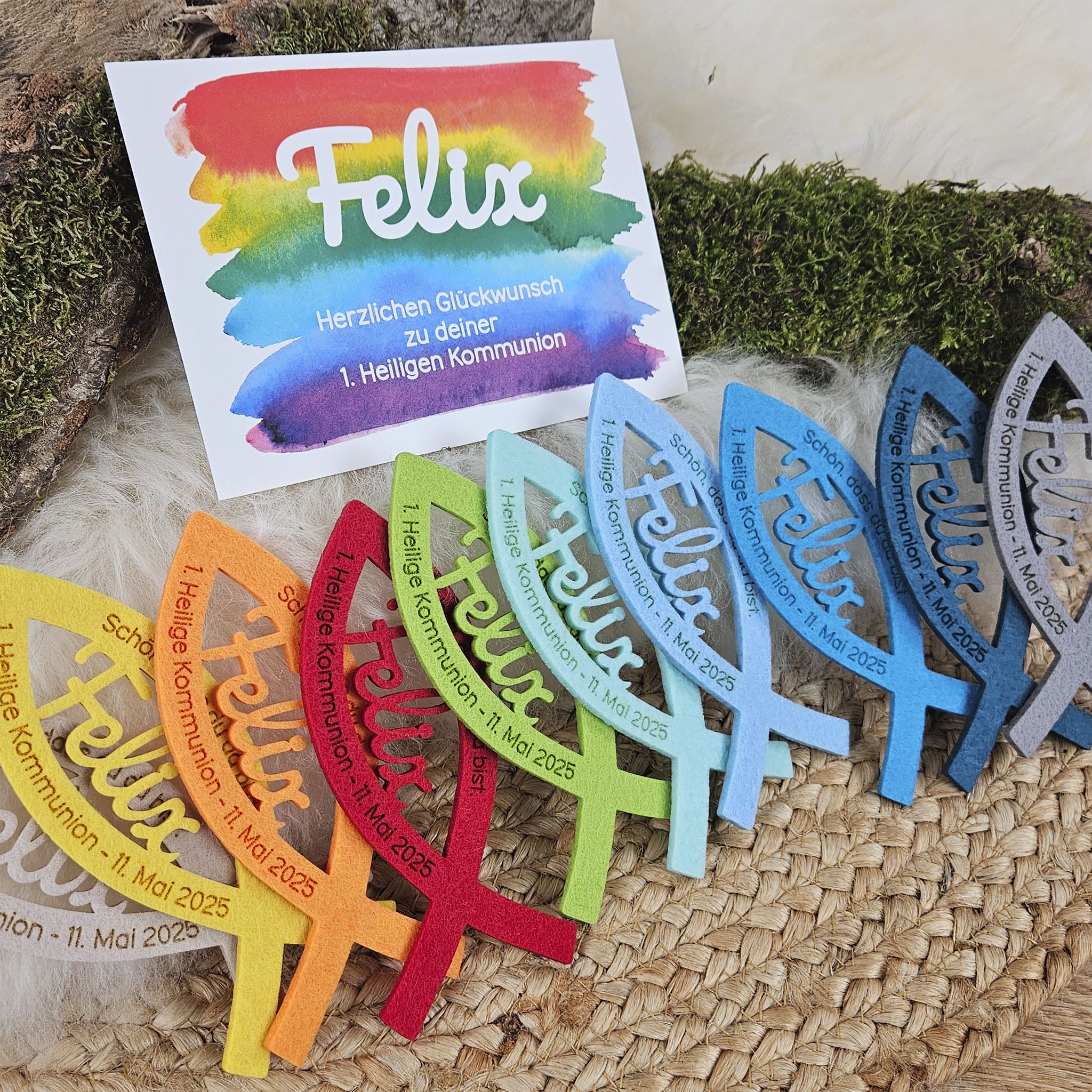 Personalisierte Tischdeko "große Fische" Regenbogenfarben (ohne rosa) für Kommunion, Taufe, Konfirmation, Segnung