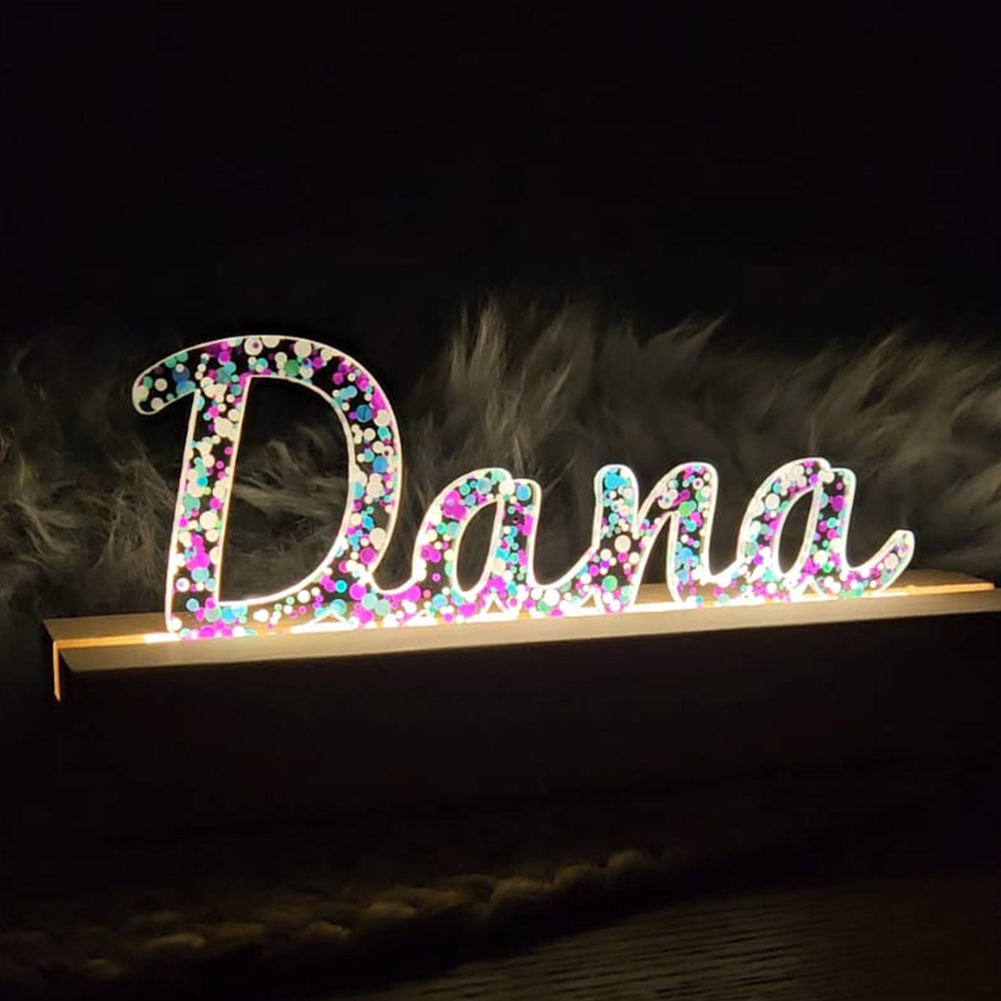 Großes, personalisiertes Nachtlicht Glitter-Konfetti türkis lila weiß, LED Lampe mit Wunschname personalisiert