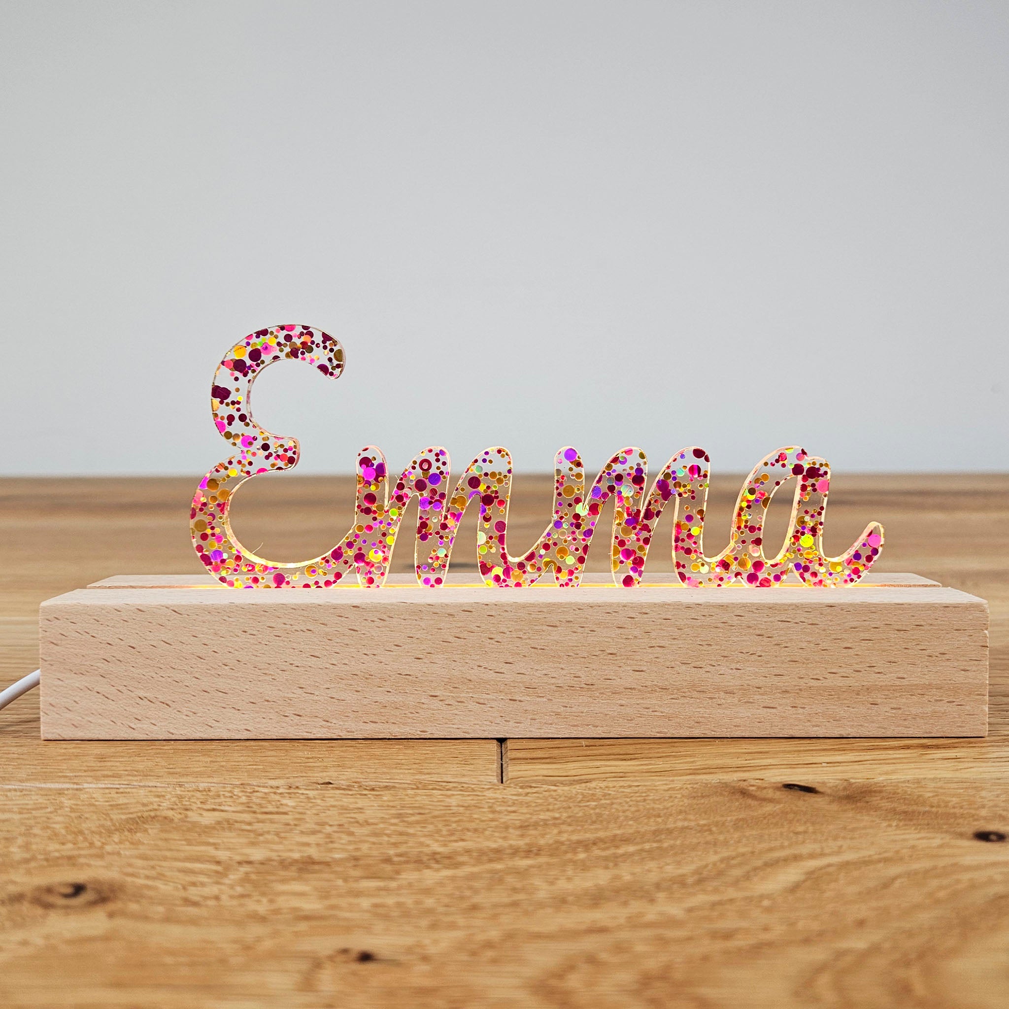 Großes, personalisiertes Nachtlicht Glitter-Konfetti pink gold, LED Lampe mit Wunschname personalisiert