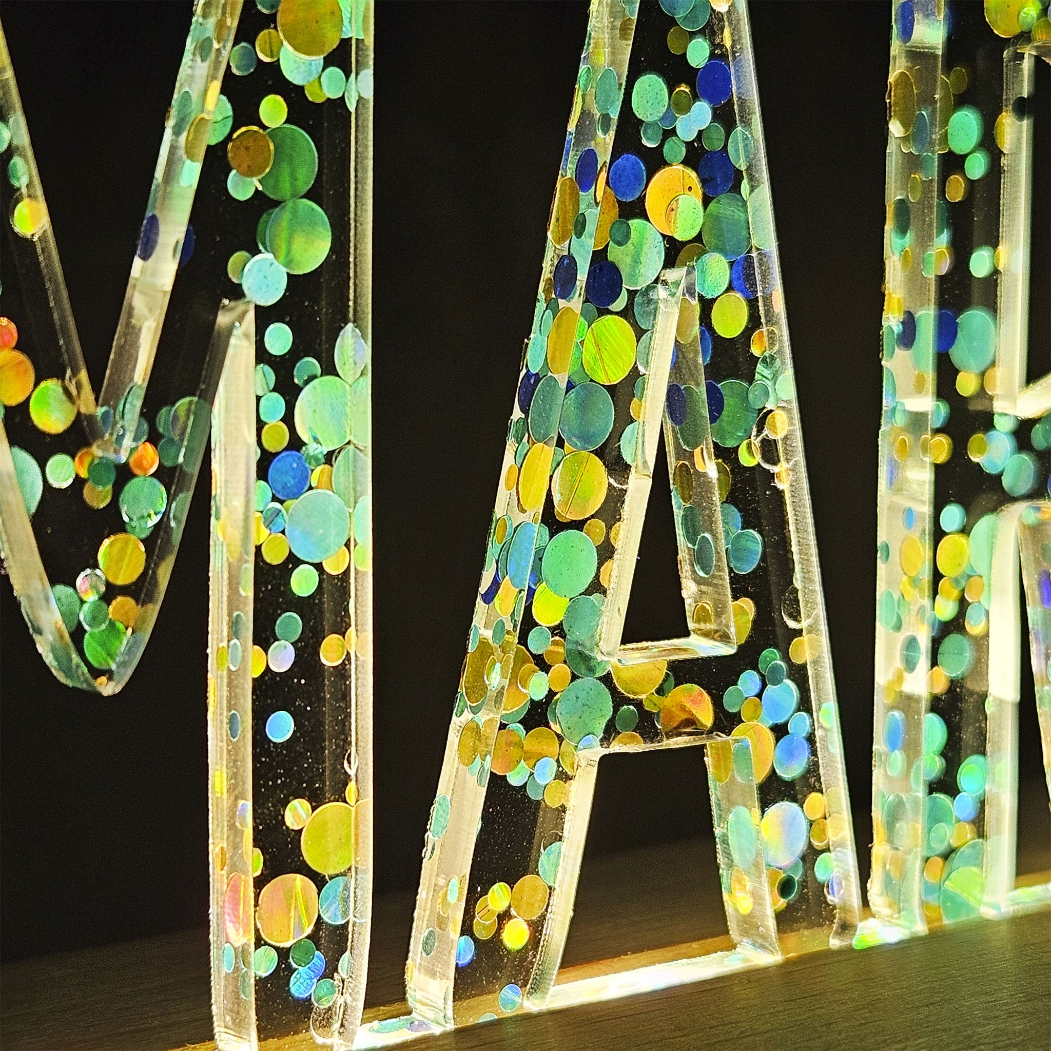 Großes, personalisiertes Nachtlicht Glitter-Konfetti petrol türkis, LED Lampe mit Wunschname personalisiert