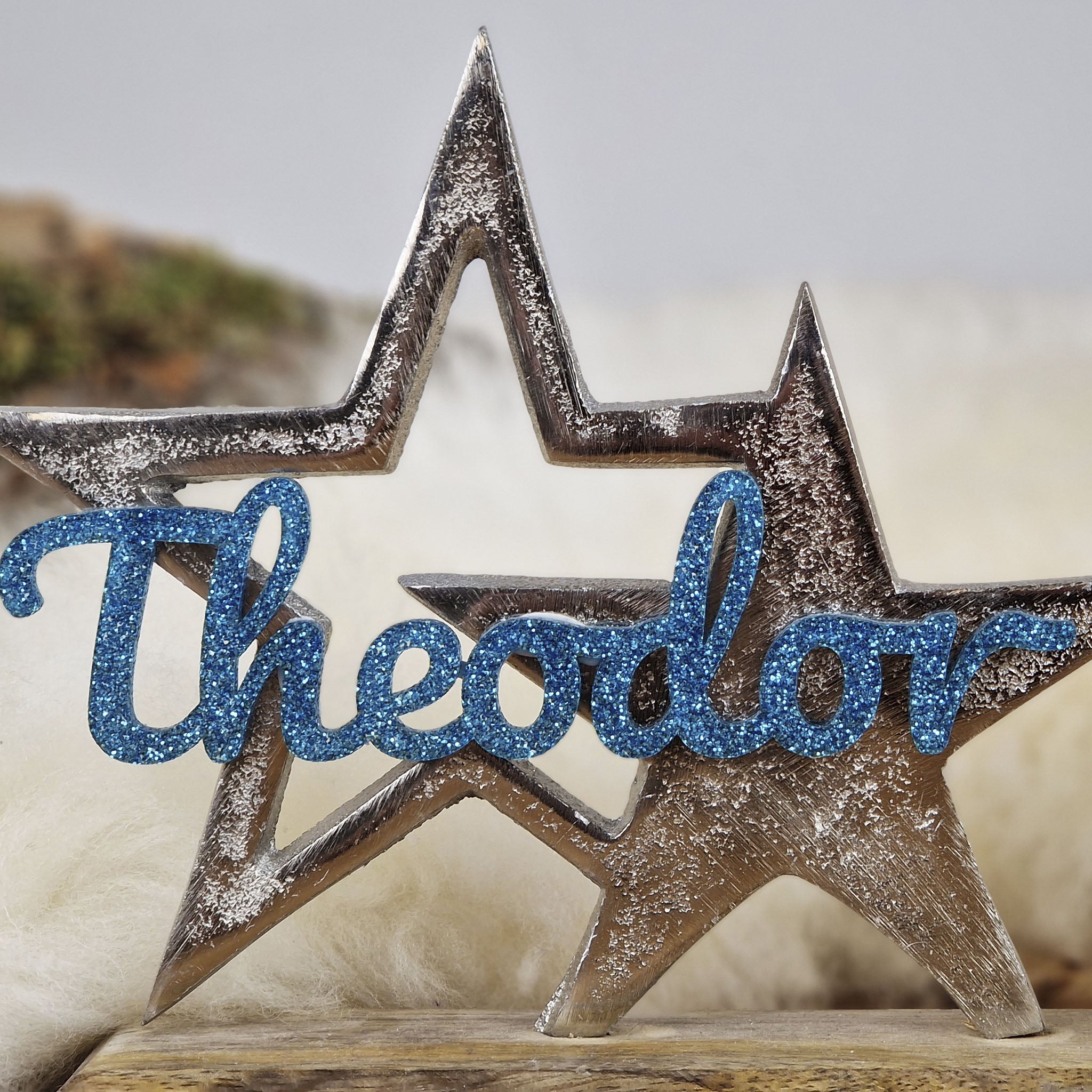Personalisierter, großer Kerzenhalter "Sterne" mit türkisblauer Schrift, Kerzenständer Kommunionkerze, Taufkerze,Trauerkerze Sternenkind