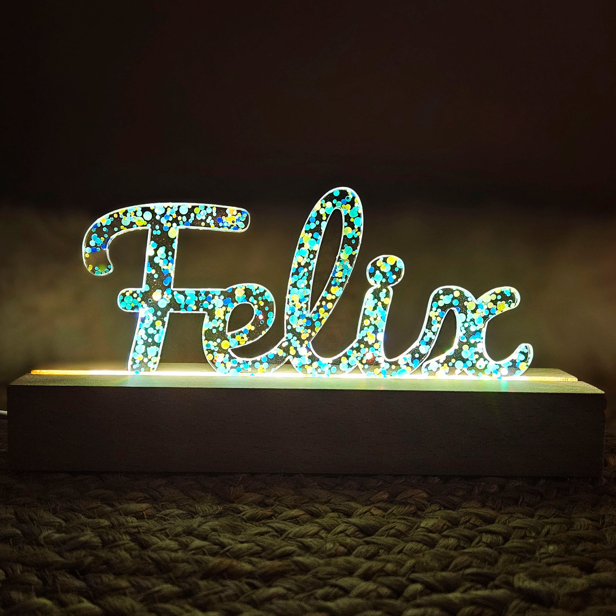 Großes, personalisiertes Nachtlicht Glitter-Konfetti petrol türkis, LED Lampe mit Wunschname personalisiert