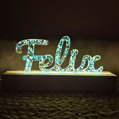 Großes, personalisiertes Nachtlicht Glitter-Konfetti petrol türkis, LED Lampe mit Wunschname personalisiert