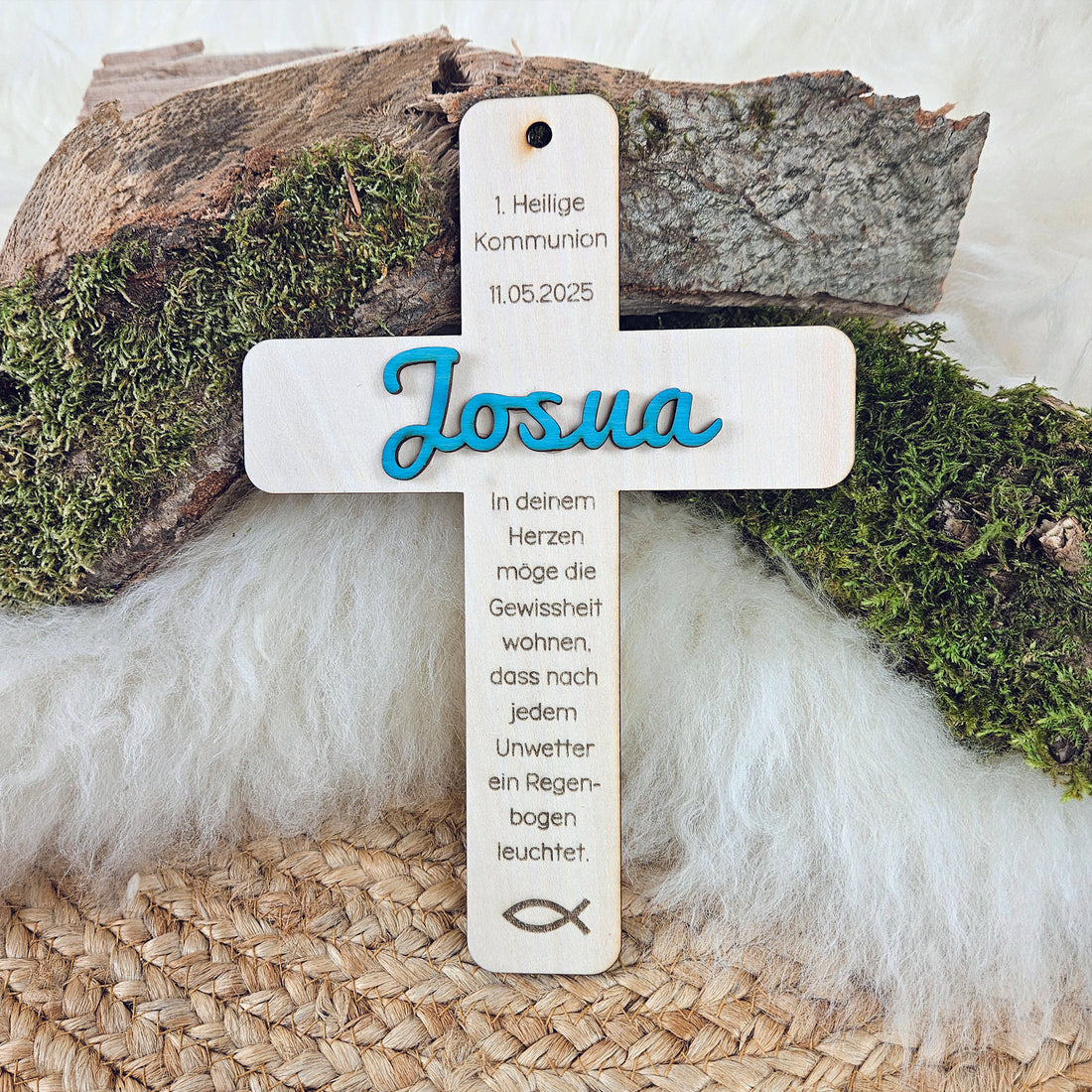 Personalisiertes Kreuz zu Taufe, Segnung - 3D Holzkreuz mit Namen (türkis) &amp; Wunschspruch