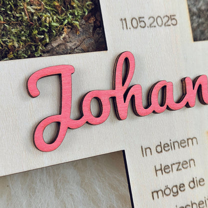 Personalisiertes Kreuz zu Taufe, Segnung - 3D Holzkreuz mit Namen (rosa) &amp; Wunschspruch