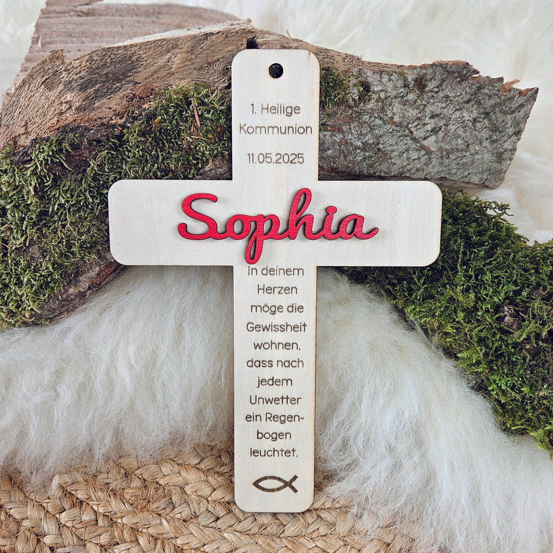 Personalisiertes Kreuz zu Taufe, Segnung - 3D Holzkreuz mit Namen (rot) &amp; Wunschspruch