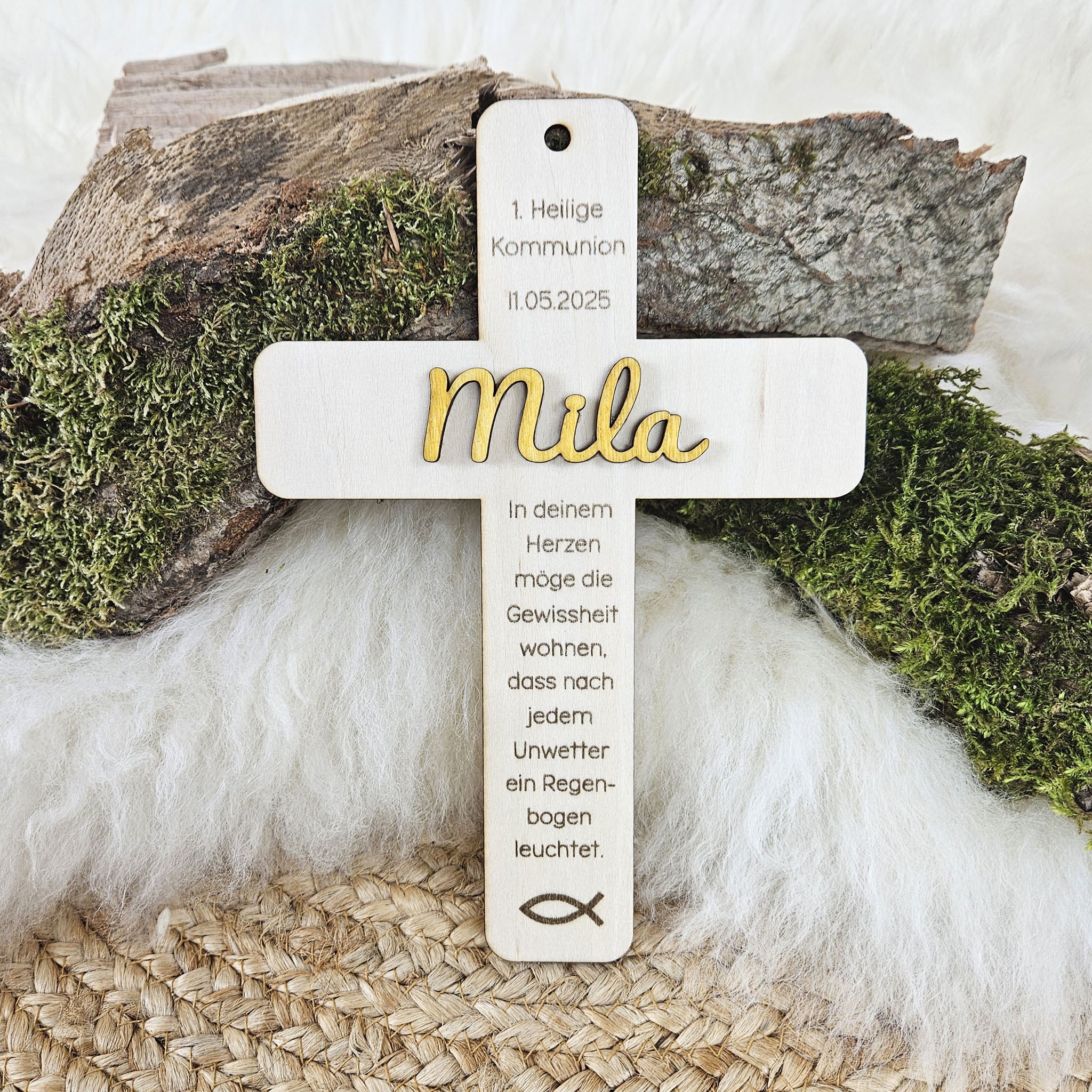 Personalisiertes Kreuz zu Taufe, Segnung - 3D Holzkreuz mit Namen &amp; Wunschspruch