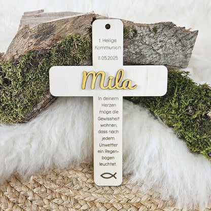 Personalisiertes Kreuz zu Taufe, Segnung - 3D Holzkreuz mit Namen &amp; Wunschspruch