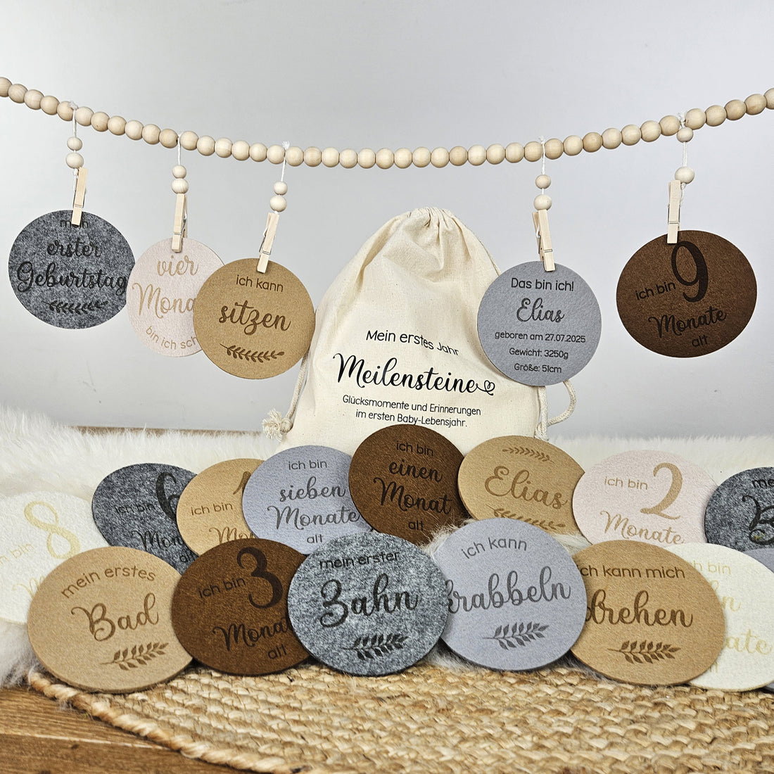 Personalisierte Baby Meilensteine aus Filz, Geschenk zur Geburt etc.