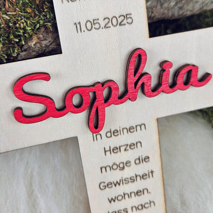 Personalisiertes Kreuz zu Taufe, Segnung - 3D Holzkreuz mit Namen (rot) &amp; Wunschspruch