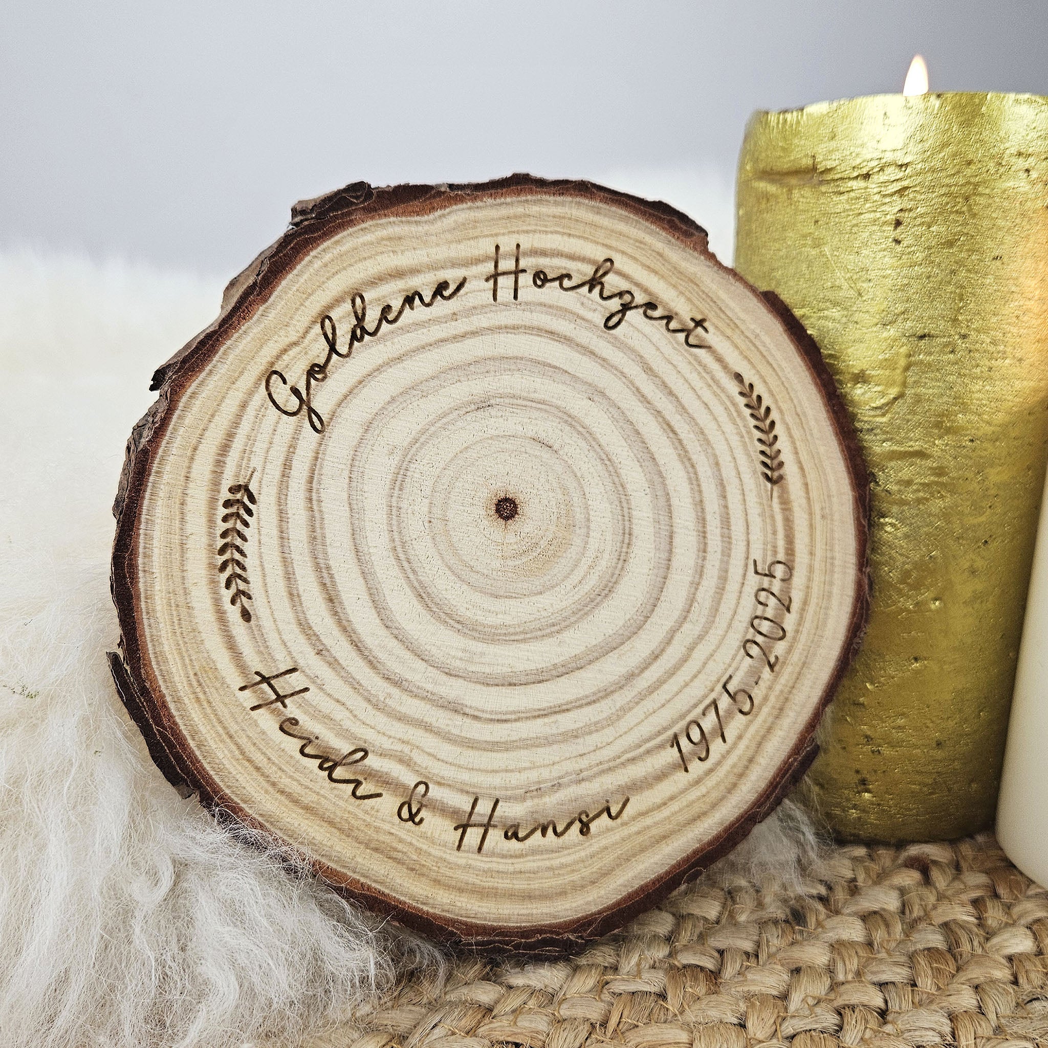 Personalisierte Kerzenteller Baumscheibe, Kerzenuntersetzer mit Wunschgravur,  Hochzeit Kommunion Taufe Geburtstag Silberhochzeit