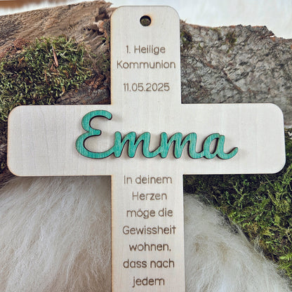 Personalisiertes Kreuz zu Taufe, Segnung - 3D Holzkreuz mit Namen &amp; Wunschspruch