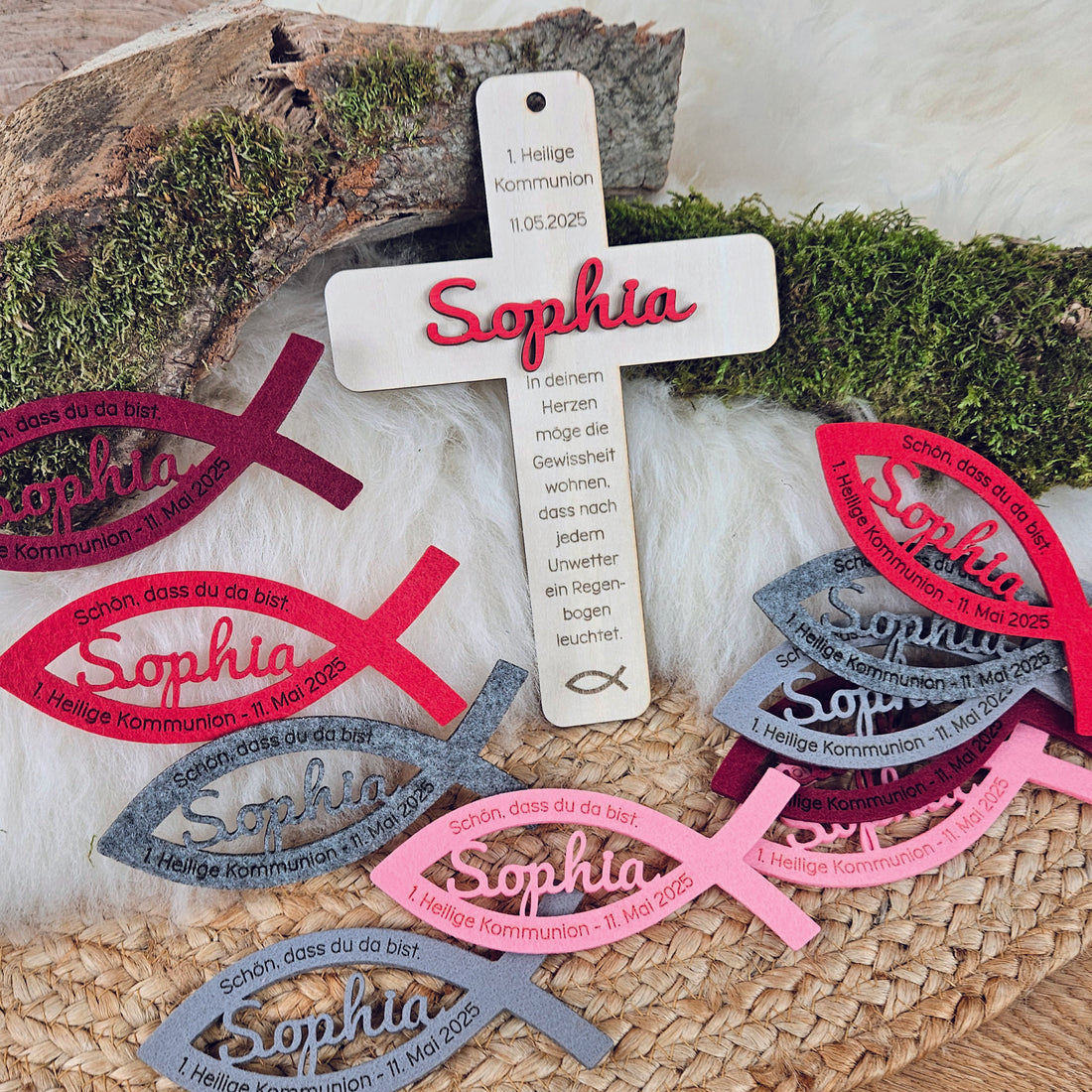 Personalisiertes Kreuz zu Taufe, Segnung - 3D Holzkreuz mit Namen (rot) &amp; Wunschspruch