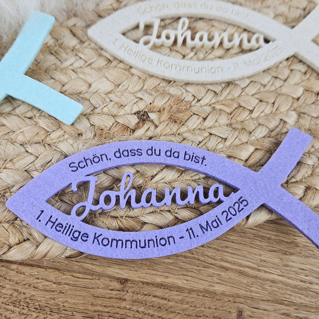 Personalisierte Tischdeko &quot;große Fische&quot; Pastellfarben für Kommunion, Taufe, Konfirmation, Segnung