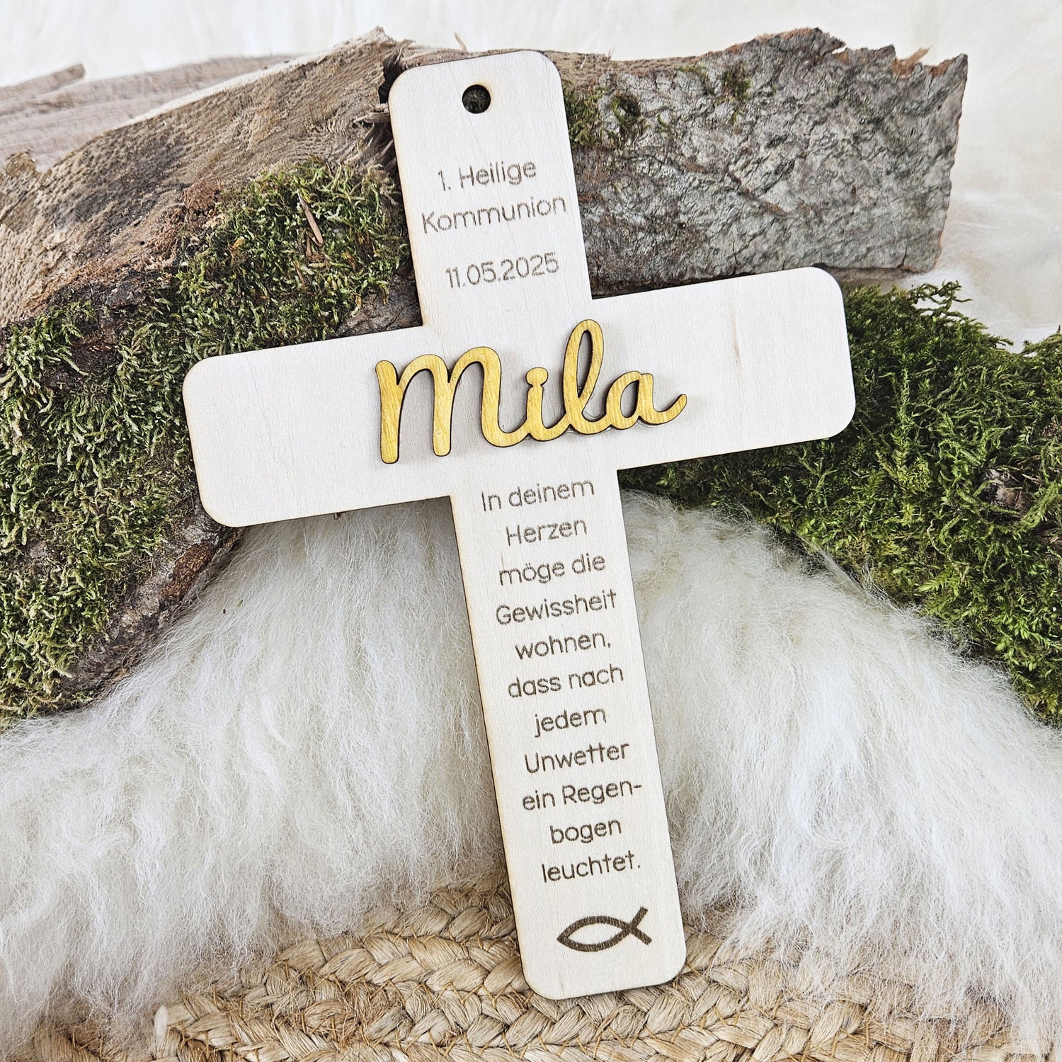Personalisiertes Kreuz zu Taufe, Segnung - 3D Holzkreuz mit Namen &amp; Wunschspruch