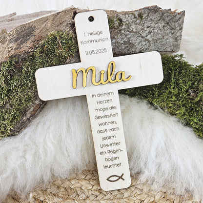Personalisiertes Kreuz zu Taufe, Segnung - 3D Holzkreuz mit Namen &amp; Wunschspruch