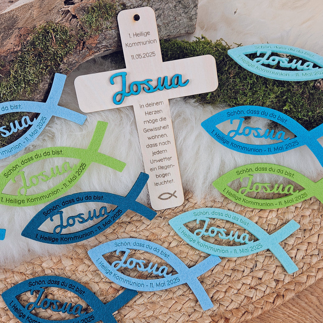 Personalisiertes Kreuz zu Taufe, Segnung - 3D Holzkreuz mit Namen (türkis) &amp; Wunschspruch
