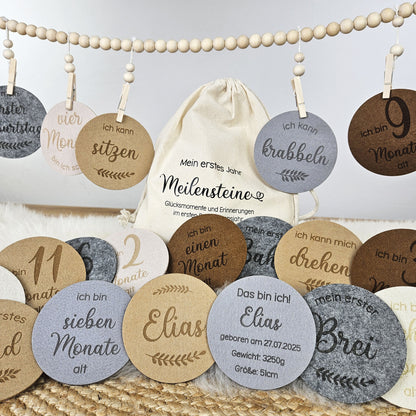 Personalisierte Baby Meilensteine aus Filz, Geschenk zur Geburt etc.