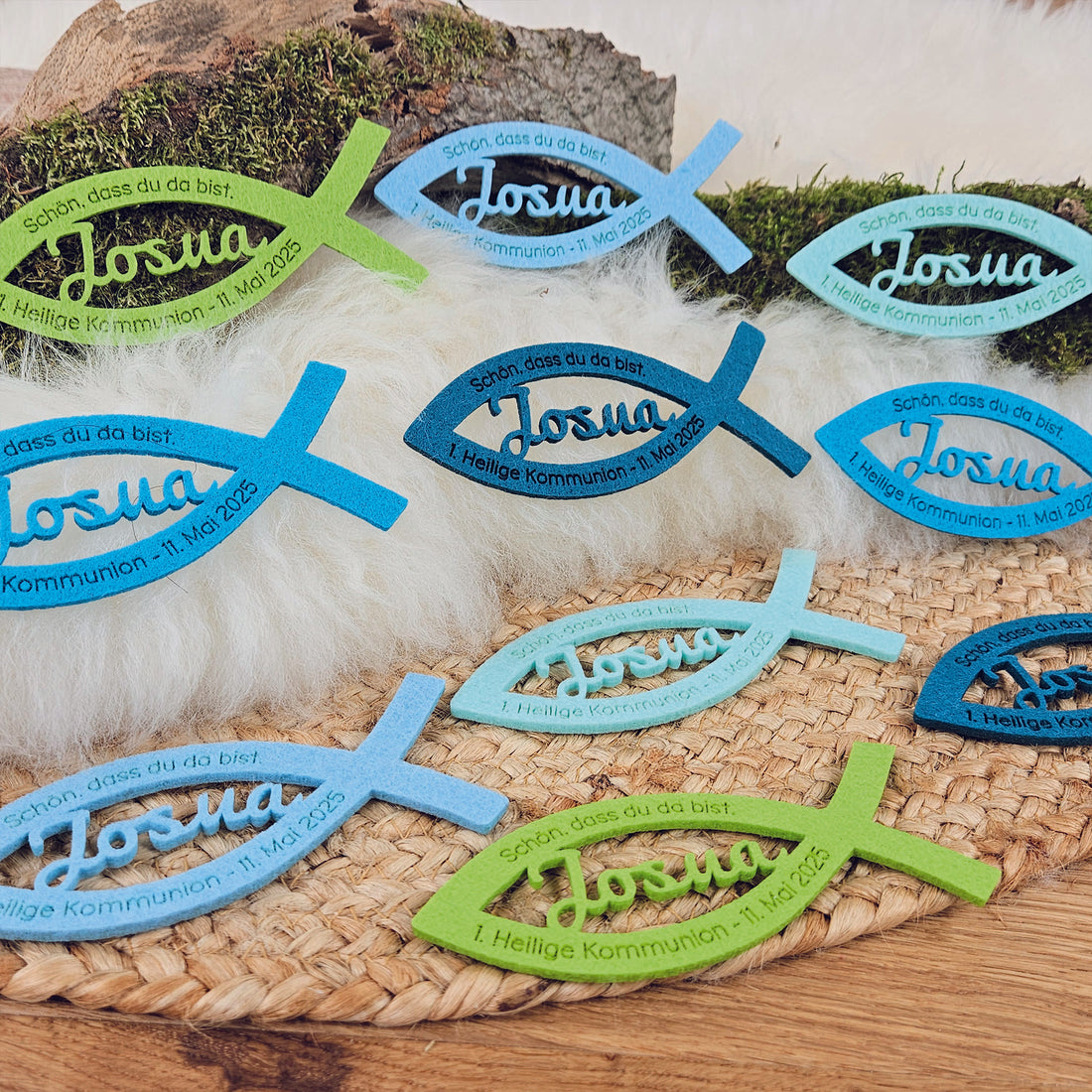 Personalisierte Tischdeko &quot;große Fische&quot; Blau-Grüntöne für Kommunion, Taufe, Konfirmation, Segnung