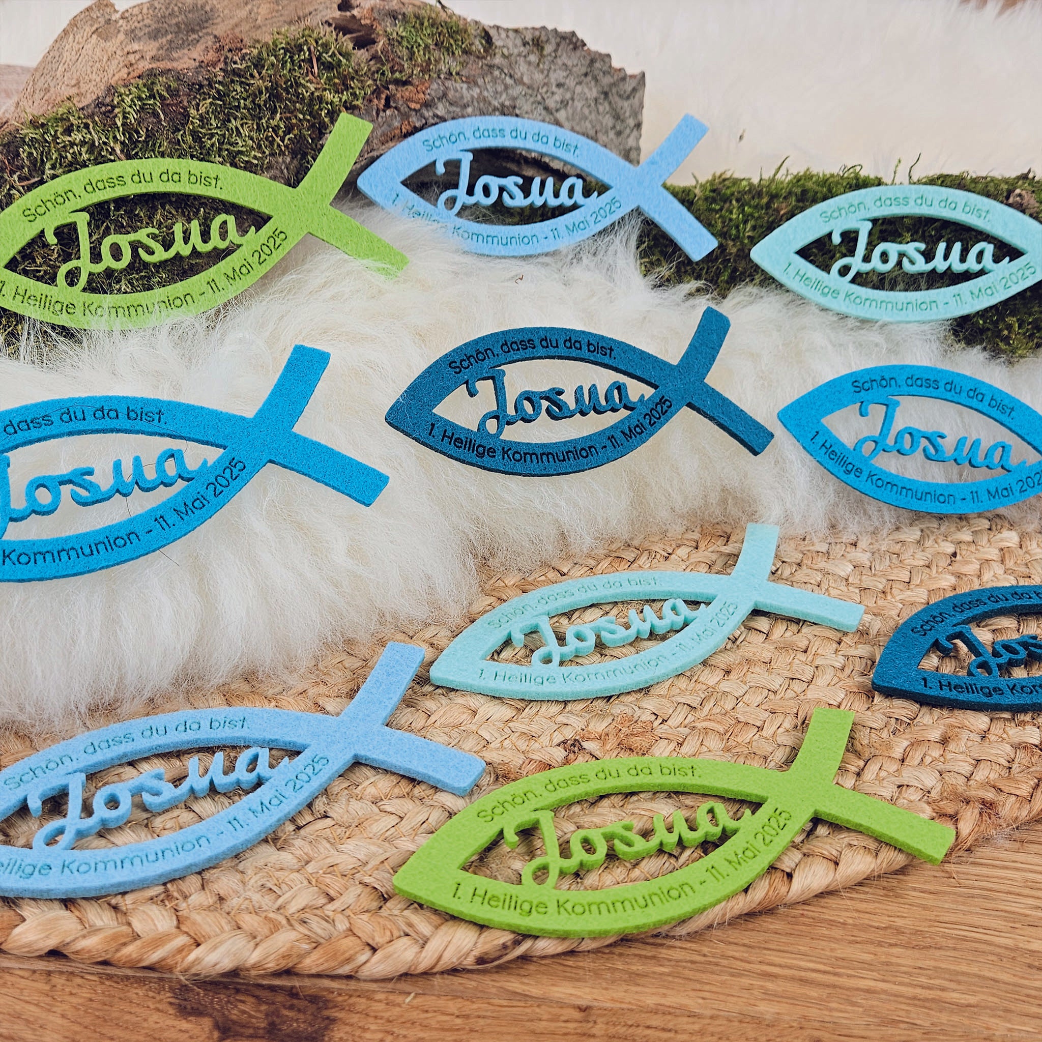 Personalisierte Tischdeko &quot;große Fische&quot; Blau-Grüntöne für Kommunion, Taufe, Konfirmation, Segnung