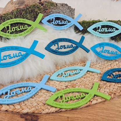 Personalisierte Tischdeko &quot;große Fische&quot; Blau-Grüntöne für Kommunion, Taufe, Konfirmation, Segnung