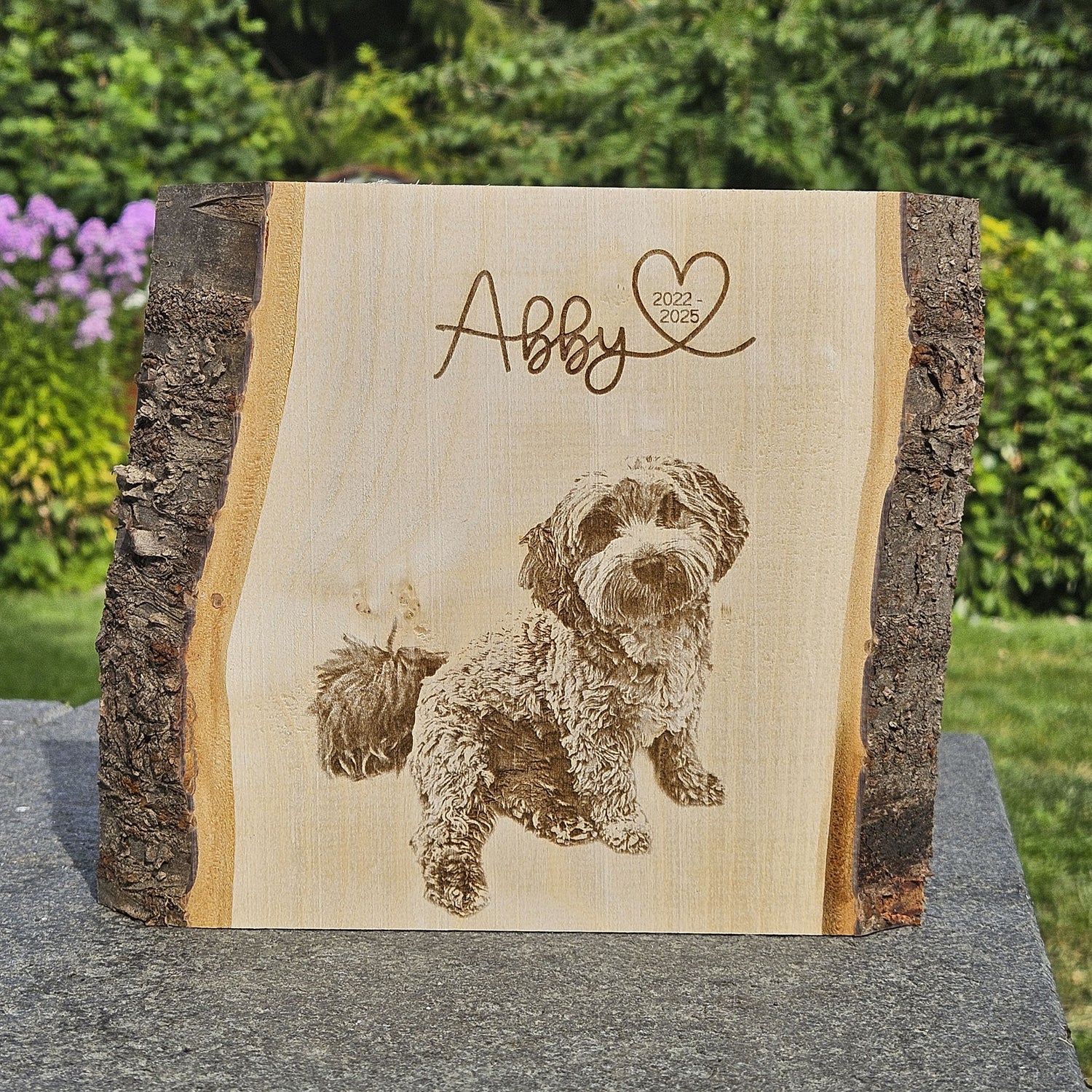 Personalisiertes Fotogravur Holzbild Haustier Erinnerung, Hund, Katze, Pferd &amp; Co., Foto Erinnerung Haustier memorial