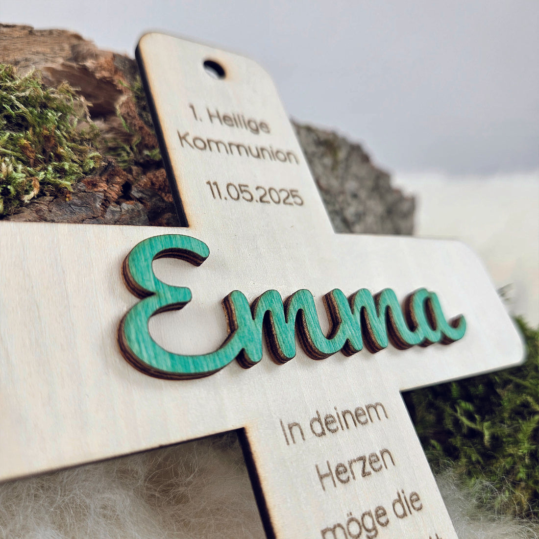 Personalisiertes Kreuz zu Taufe, Segnung - 3D Holzkreuz mit Namen &amp; Wunschspruch