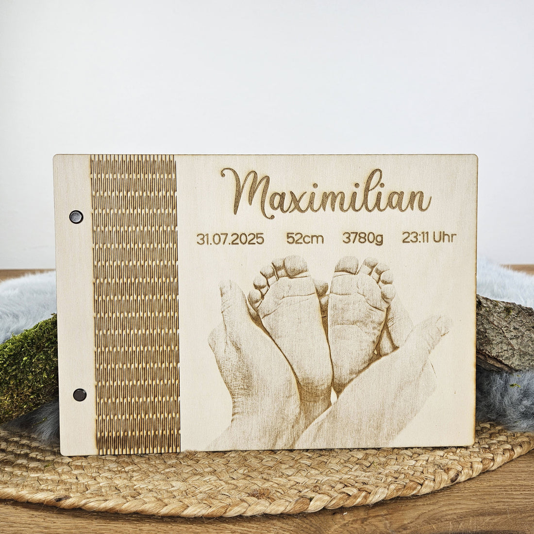 Personalisiertes Holz-Erinnerungsbuch, Geschenk zur Geburt