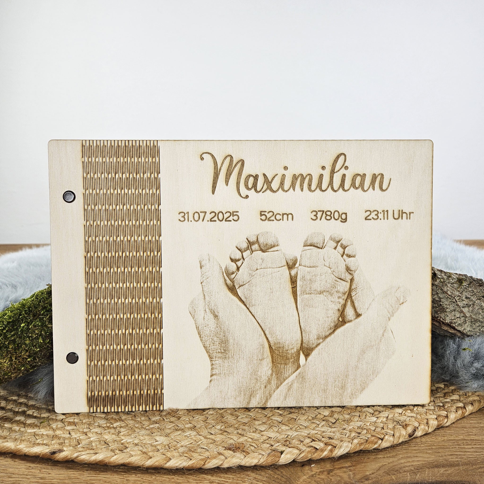 Personalisiertes Holz-Erinnerungsbuch, Geschenk zur Geburt