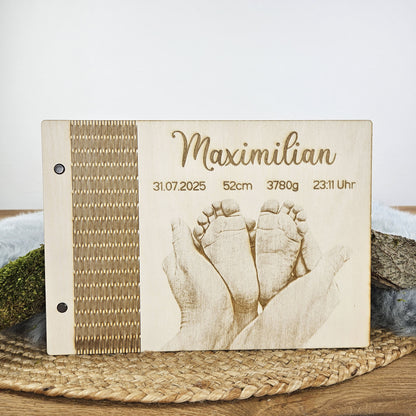 Personalisiertes Holz-Erinnerungsbuch, Geschenk zur Geburt