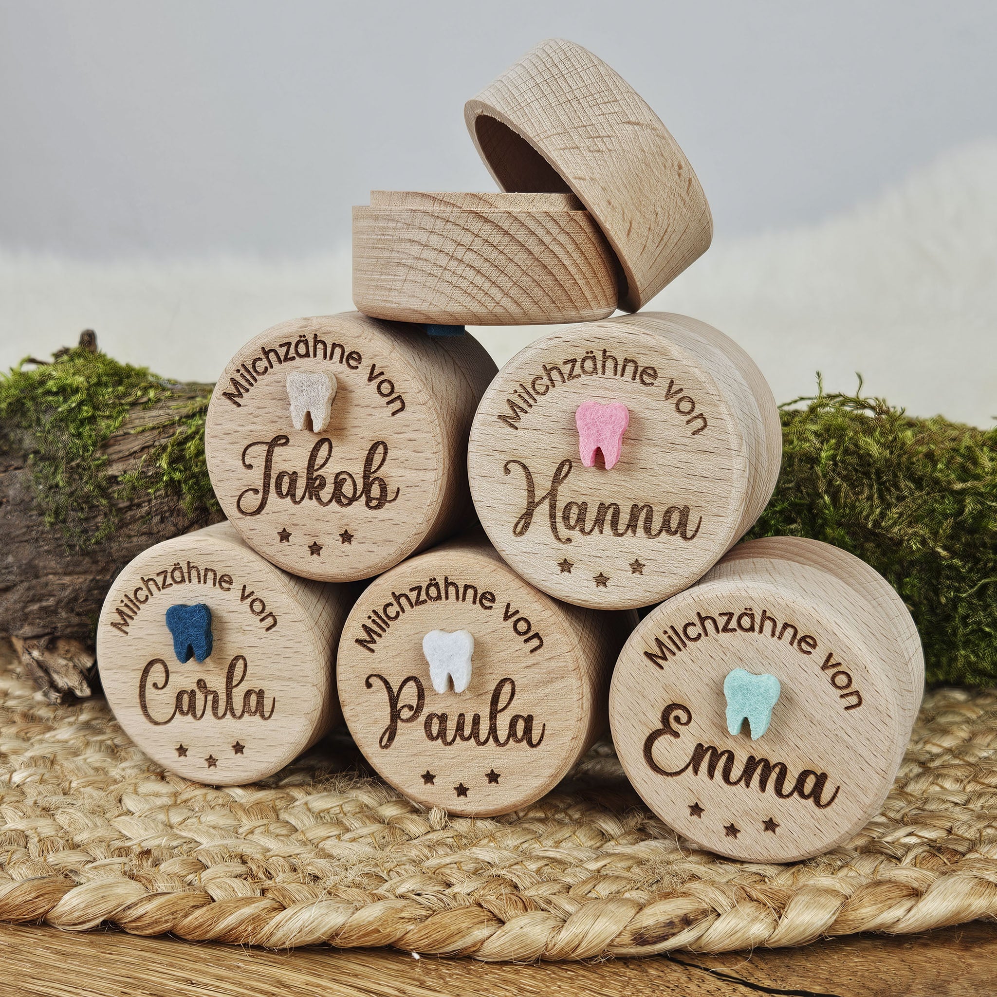 Personalisierte Zahndose, Holzdose mit Wunschname-Gravur, Holzdose Milchzähne, Milchzahndose Buchenholz