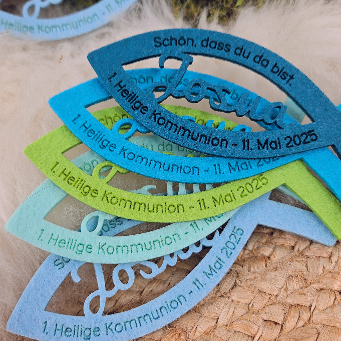 Personalisierte Tischdeko &quot;große Fische&quot; Blau-Grüntöne für Kommunion, Taufe, Konfirmation, Segnung