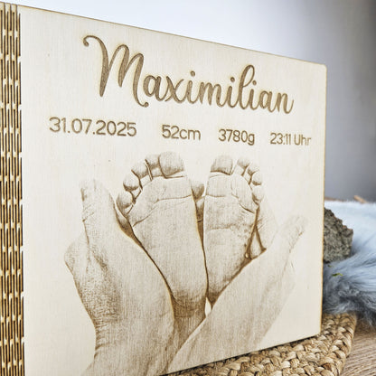 Personalisiertes Holz-Erinnerungsbuch, Geschenk zur Geburt