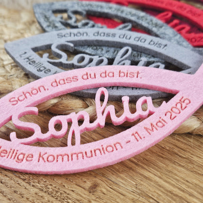 Personalisierte Tischdeko &quot;große Fische&quot; Rosa-Rot-Grautöne für Kommunion, Taufe, Konfirmation, Segnung