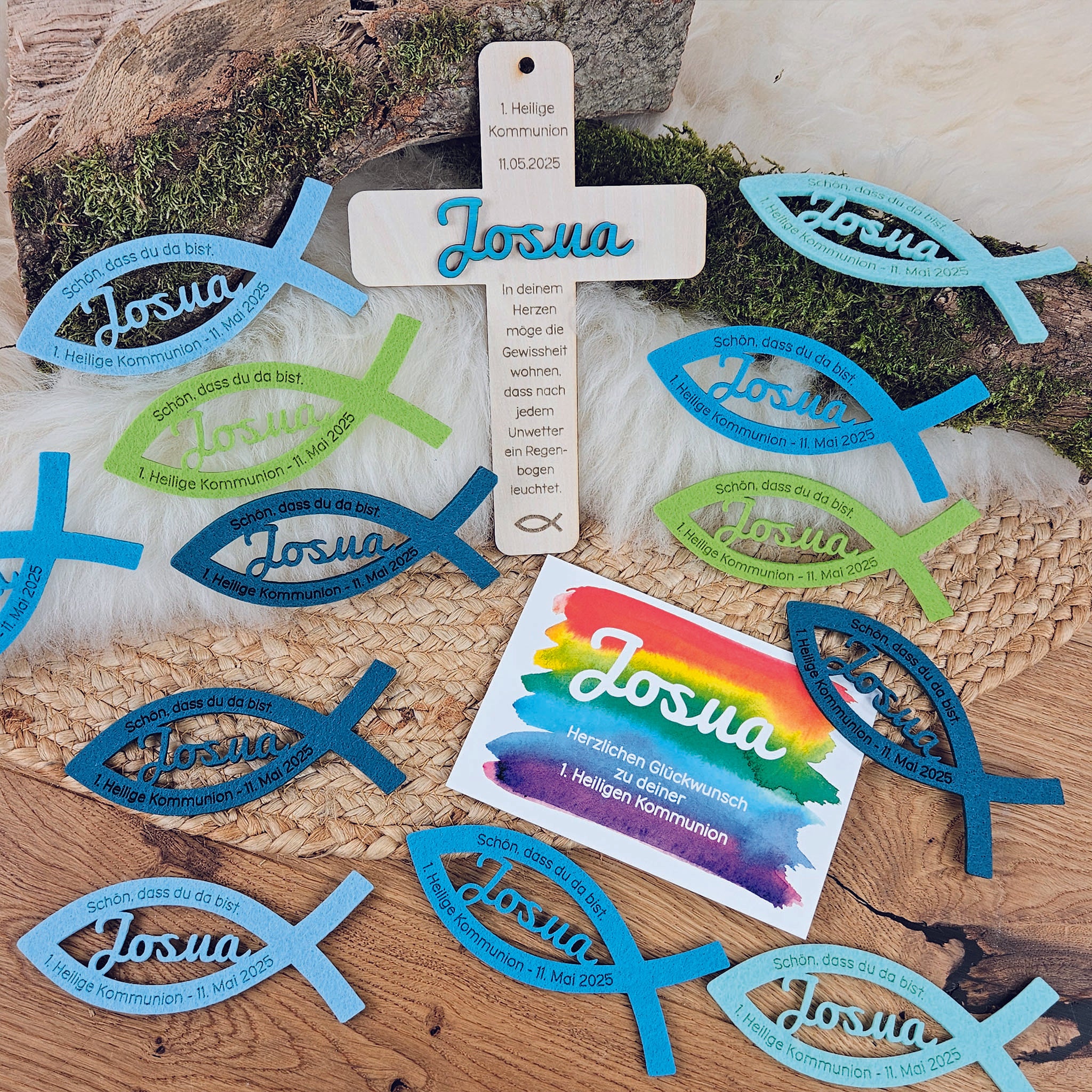 Personalisiertes Kreuz zu Taufe, Segnung - 3D Holzkreuz mit Namen (türkis) &amp; Wunschspruch