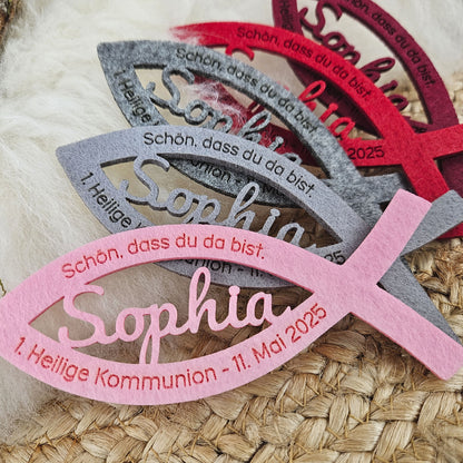 Personalisierte Tischdeko &quot;große Fische&quot; Rosa-Rot-Grautöne für Kommunion, Taufe, Konfirmation, Segnung