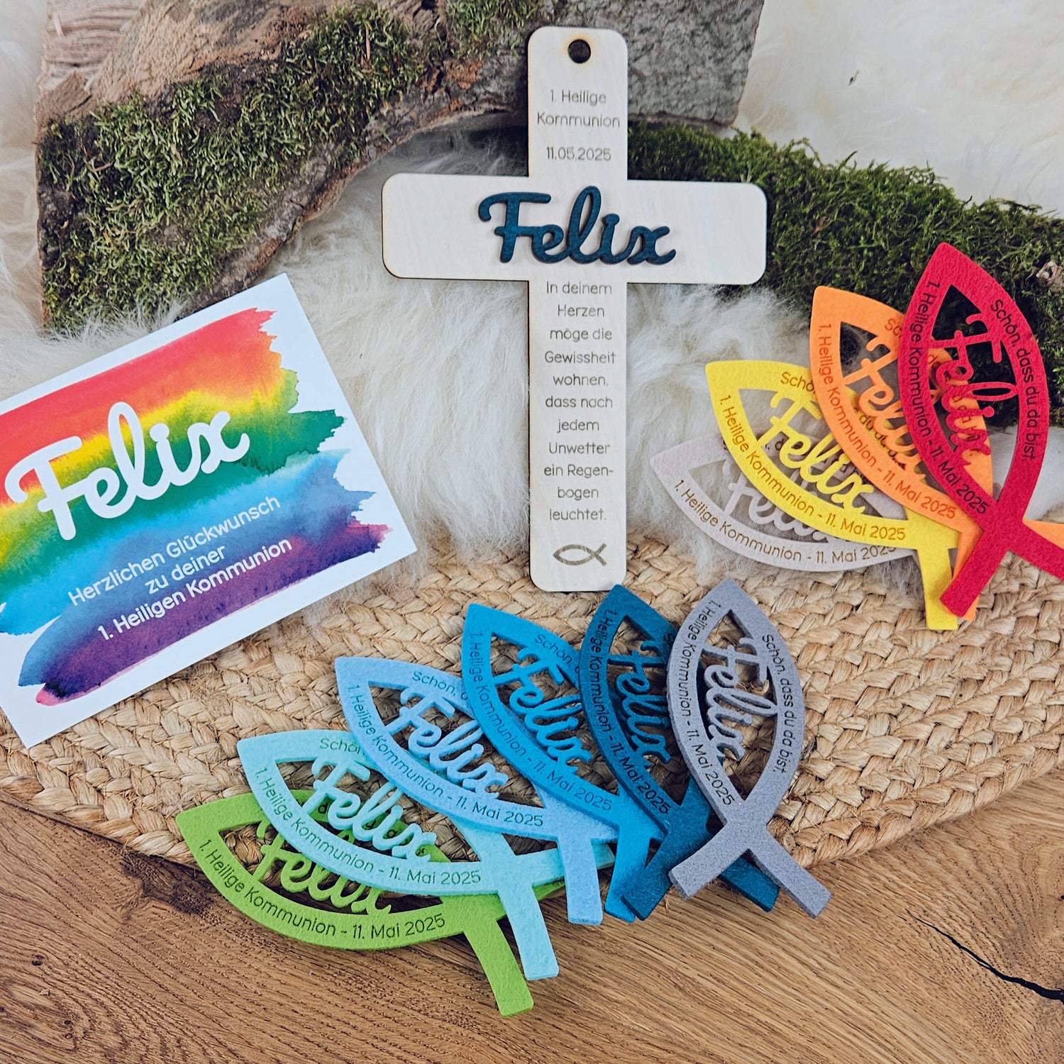 Personalisierte Tischdeko &quot;große Fische&quot; Regenbogenfarben (ohne rosa) für Kommunion, Taufe, Konfirmation, Segnung