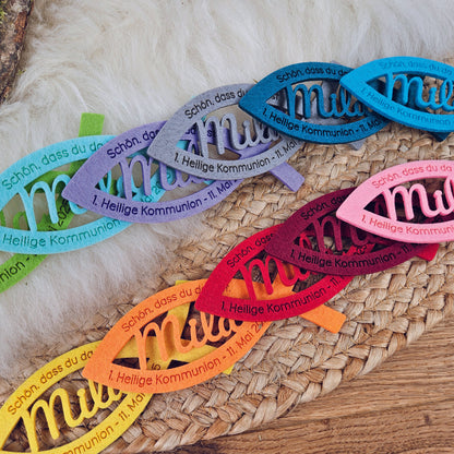 Personalisierte Tischdeko &quot;große Fische&quot; Regenbogenfarben (mit rosa) für Kommunion, Taufe, Konfirmation, Segnung