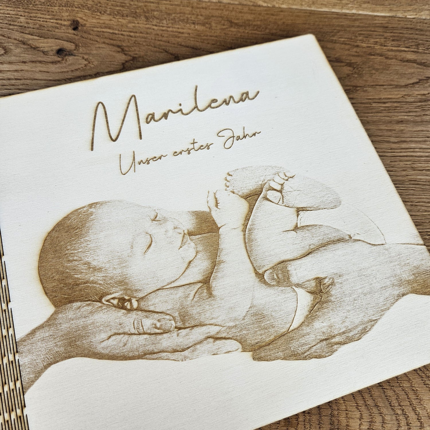 Personalisiertes Holz-Erinnerungsbuch, Geschenk zur Geburt