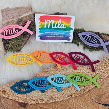 Personalisierte Tischdeko &quot;große Fische&quot; Regenbogenfarben (mit rosa) für Kommunion, Taufe, Konfirmation, Segnung