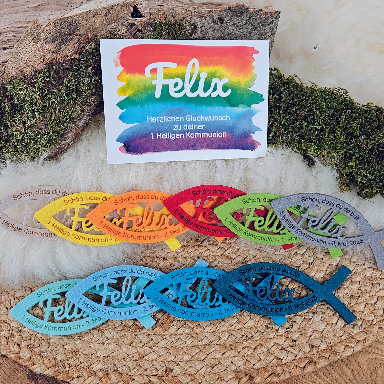 Personalisierte Tischdeko &quot;große Fische&quot; Regenbogenfarben (ohne rosa) für Kommunion, Taufe, Konfirmation, Segnung