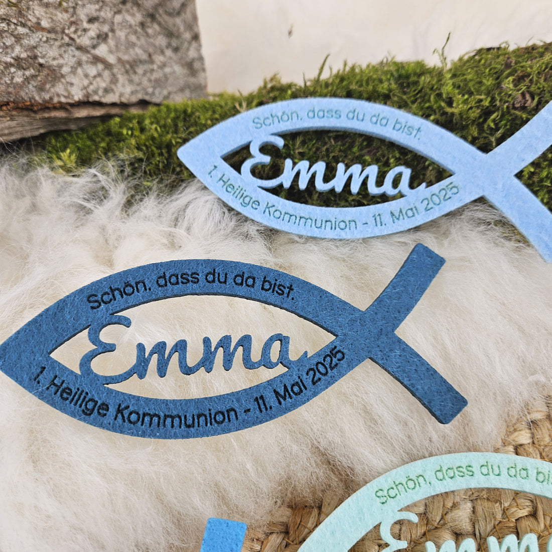 Personalisierte Tischdeko &quot;große Fische&quot; Blautöne für Kommunion, Taufe, Konfirmation, Segnung