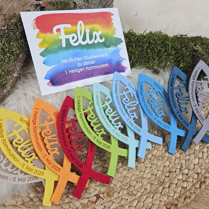 Personalisierte Tischdeko &quot;große Fische&quot; Regenbogenfarben (ohne rosa) für Kommunion, Taufe, Konfirmation, Segnung