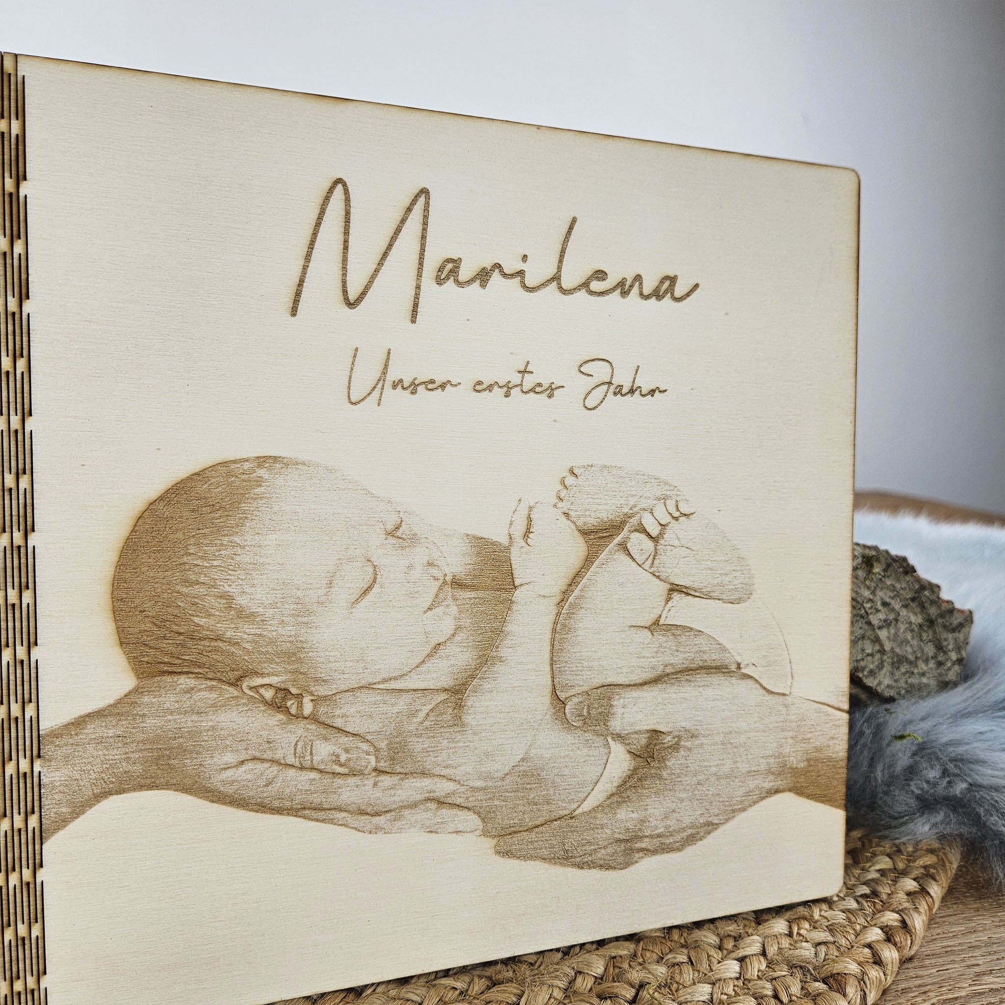 Personalisiertes Holz-Erinnerungsbuch, Geschenk zur Geburt
