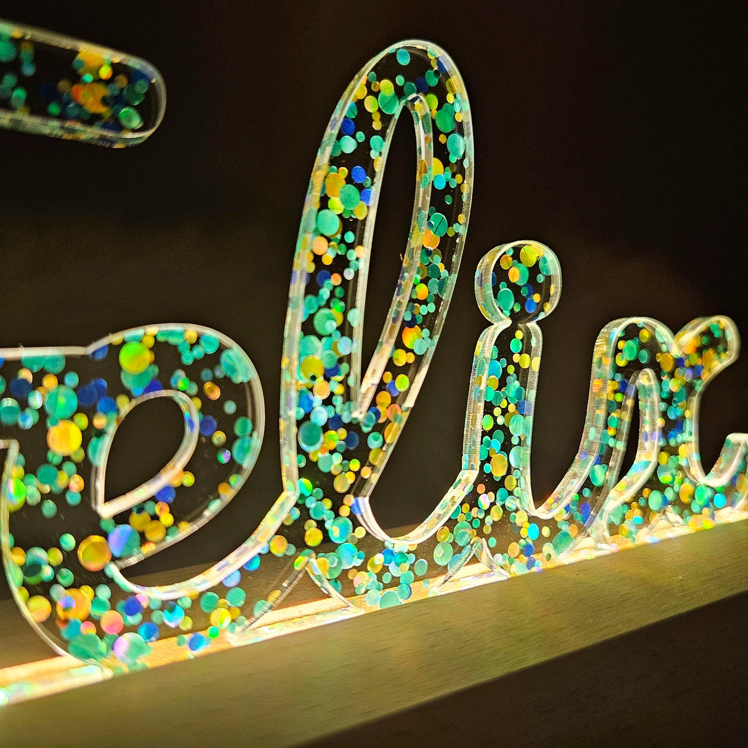 Großes, personalisiertes Nachtlicht Glitter-Konfetti petrol türkis, LED Lampe mit Wunschname personalisiert