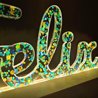 Großes, personalisiertes Nachtlicht Glitter-Konfetti petrol türkis, LED Lampe mit Wunschname personalisiert