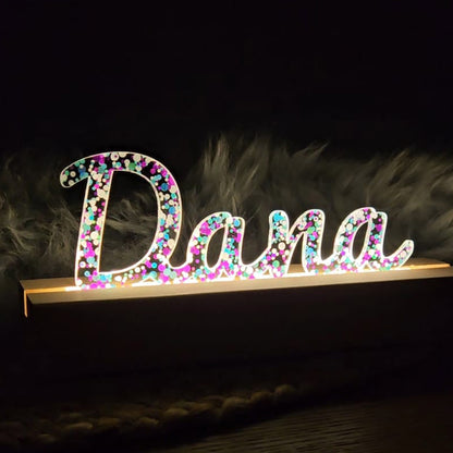 Großes, personalisiertes Nachtlicht Glitter-Konfetti türkis lila weiß, LED Lampe mit Wunschname personalisiert