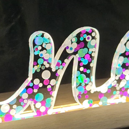 Großes, personalisiertes Nachtlicht Glitter-Konfetti türkis lila weiß, LED Lampe mit Wunschname personalisiert