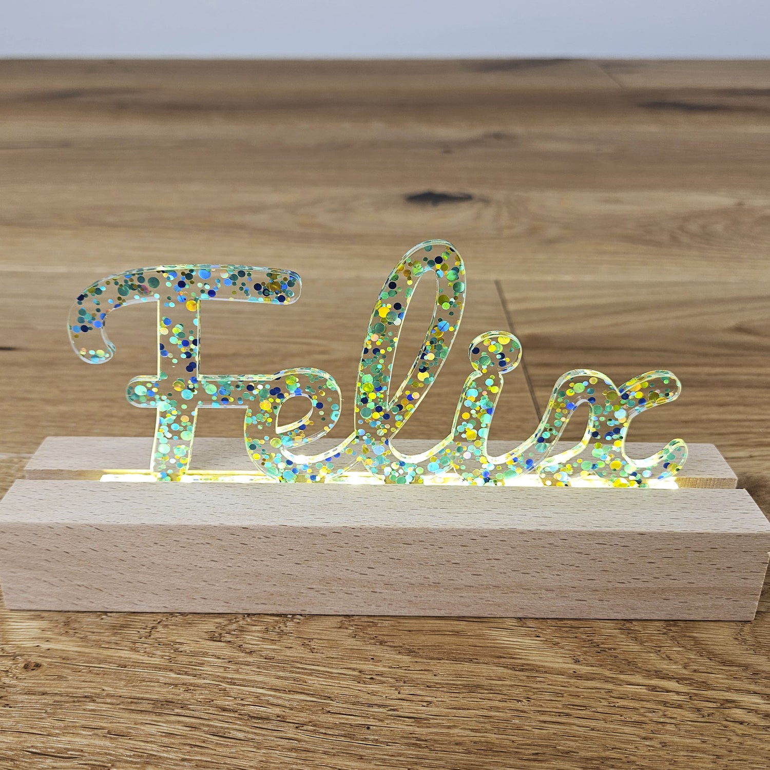 Großes, personalisiertes Nachtlicht Glitter-Konfetti petrol türkis, LED Lampe mit Wunschname personalisiert